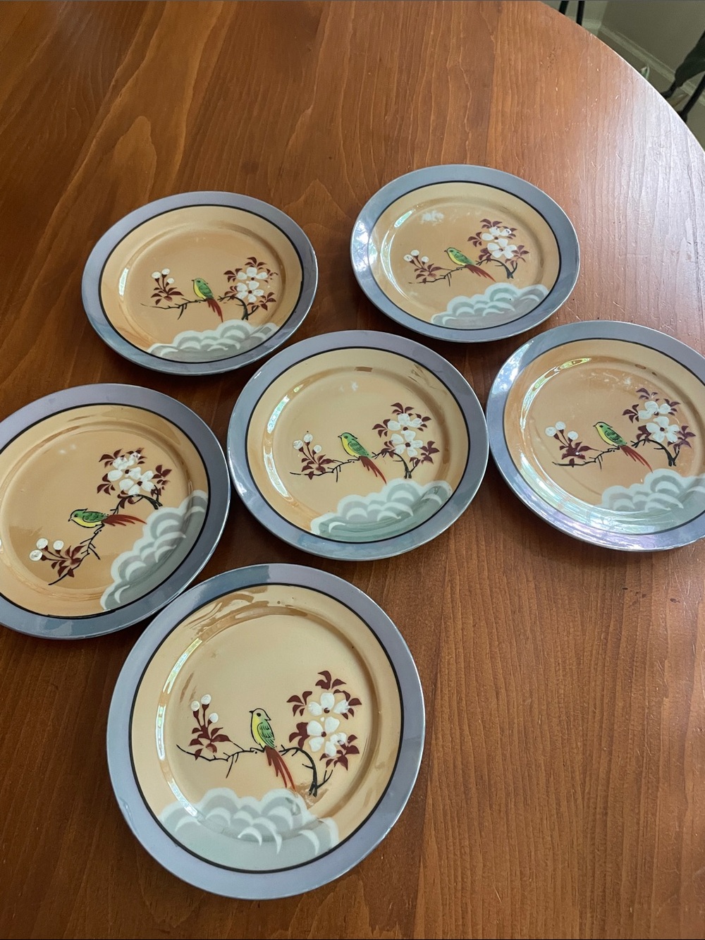 Set of 6- Vintage Japan Lustre Lustreware Bird Plates 6 1/4”